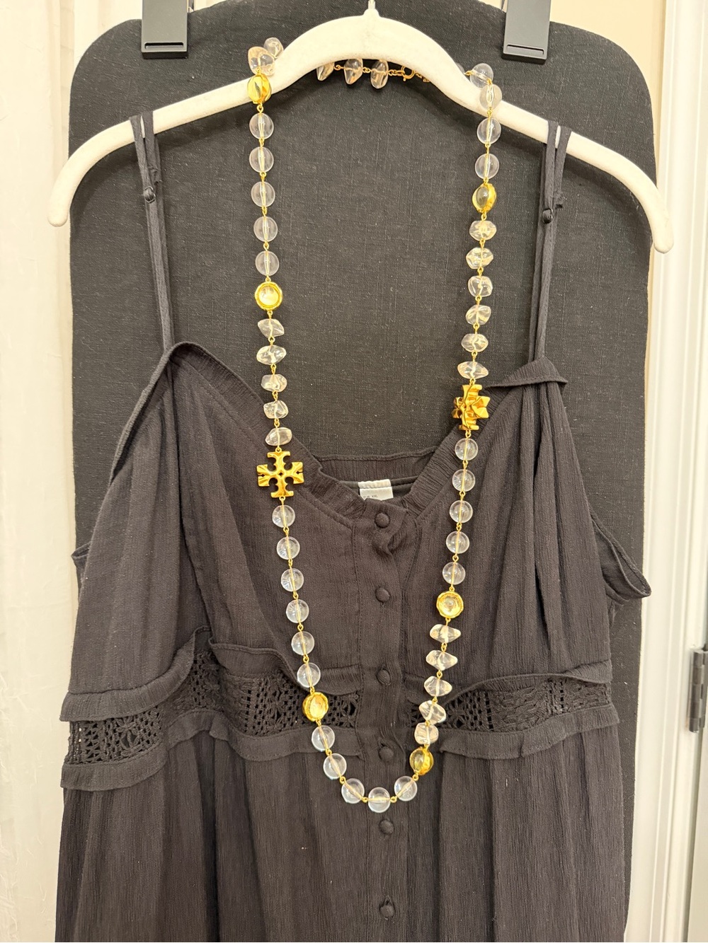 Tory Burch Clear and Gold Beaded Logo Pendant Necklace
